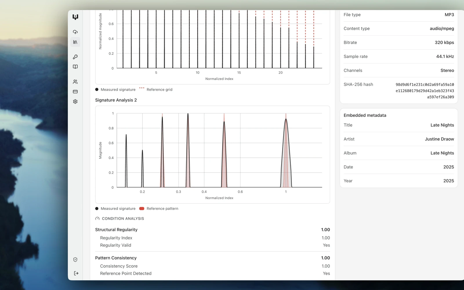 A VERA report. Black peaks measured in the track land on the red reference peaks for the generator. Below the plot, the condition checks list Structural Regularity and Pattern Consistency, both at 1.00.